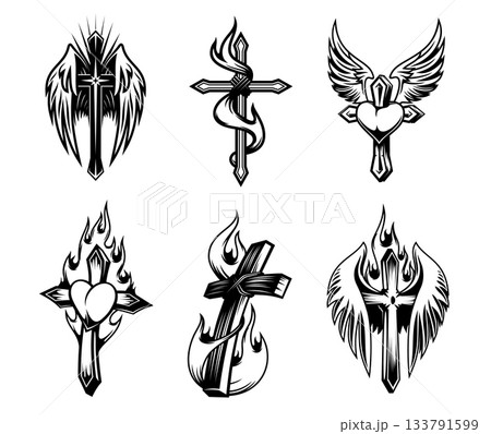 Christian cross tattoos with fire flames, wings and hearts, vector christianity religion. Catholic and orthodox holy sketch symbols of Jesus crosses, flames, angel wings and hearts, hand drawn tattoos 133791599