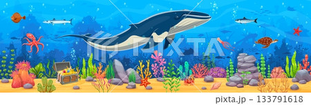 Underwater landscape game background with treasure chest and blue whale, cartoon vector. Sea or ocean underwater landscape with pirate treasure chest, funny octopus and turtle with coral reef starfish 133791618