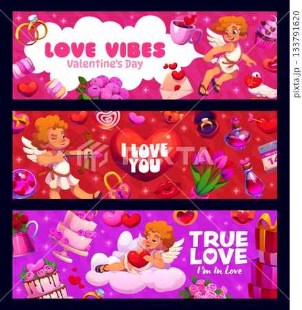 Valentine day banners with cupids and hearts for love holiday, vector greeting quotes. Valentine day Love Vibes and I Love You phrases on banners with funny cherub angels, wedding cake and sweet candy Valentine day banners with cupids and hearts for love holiday, vector greeting quotes. Valentine day Love Vibes and I Love You phrases on banners with funny cherub angels, wedding cake and sweet candy 133791620