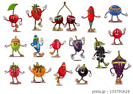 Cartoon groovy berry characters doing sport activities. Retro hippie farm fruit vector personages running and jumping. Psychedelic strawberry, cherry and grape berries, groovy raspberry and cranberry Cartoon groovy berry characters doing sport activities. Retro hippie farm fruit vector personages running and jumping. Psychedelic strawberry, cherry and grape berries, groovy raspberry and cranberry 133791628