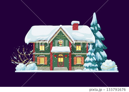 Christmas house in winter snow with snowy roof and lights in windows, cartoon vector. Town house at night decorated with Christmas lights garland, Xmas ribbon decorations on door and fir tree in snow 133791676