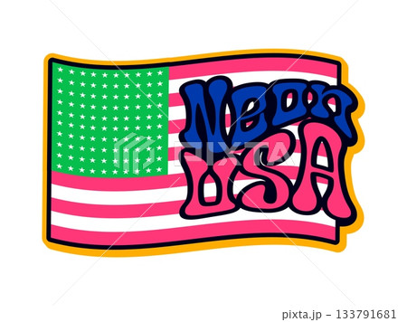 USA neon flag retro Y2K sticker or label. United States of America travel 60s 70s vector label, US Y2K tag, patriotic patch with vibrant neon colors American national flag and typography USA neon flag retro Y2K sticker or label. United States of America travel 60s 70s vector label, US Y2K tag, patriotic patch with vibrant neon colors American national flag and typography 133791681