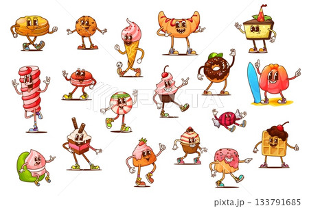Cartoon groovy sweet and candy characters, vector retro dessert food personages with happy faces. Cute chocolate cake, ice cream, croissant and cupcake, funny groovy cookie, donut and waffle sweets 133791685
