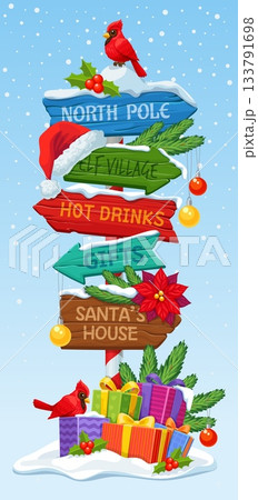 Christmas sign board, winter holiday snowy signpost with North Pole direction arrows. Vector wood pole with cartoon signages and signs, Santa hat, Christmas tree branches and gift boxes on snow Christmas sign board, winter holiday snowy signpost with North Pole direction arrows. Vector wood pole with cartoon signages and signs, Santa hat, Christmas tree branches and gift boxes on snow 133791698