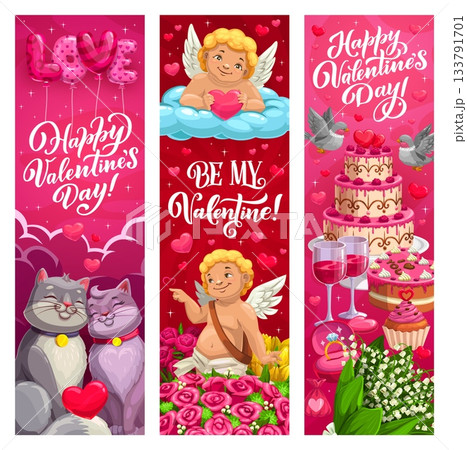 Happy valentines day holiday banners. Cartoon vector love and romantic vertical greeting cards featuring cute cupids, cats, hearts, flowers, wedding cake, wine glasses and and festive decorations 133791701
