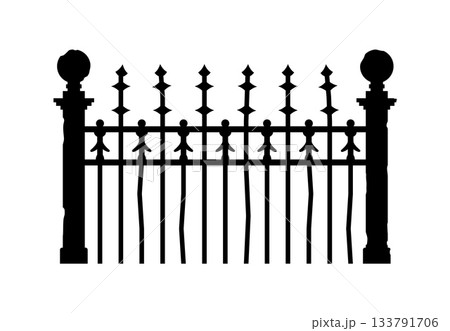 Halloween cemetery tomb fence border silhouette. Creepy forged vector border, Halloween spooky park antique fence form. Scary graveyard metal barrier shape or horror cemetery iron palisade silhouette 133791706
