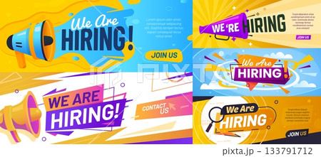 We are hiring, hire offer join to our team banners. We are hiring, job vacancy announcement social media post vector templates set of retro loudspeakers and megaphones with speech bubbles, HR themes We are hiring, hire offer join to our team banners. We are hiring, job vacancy announcement social media post vector templates set of retro loudspeakers and megaphones with speech bubbles, HR themes 133791712