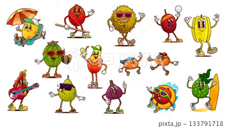 Cartoon groovy tropical fruits characters on summer vacation. Sweet berry food vector personages of retro hippie groovy feijoa, carambola, papaya and lychee fruits on beach with sunglasses, cocktails Cartoon groovy tropical fruits characters on summer vacation. Sweet berry food vector personages of retro hippie groovy feijoa, carambola, papaya and lychee fruits on beach with sunglasses, cocktails 133791718