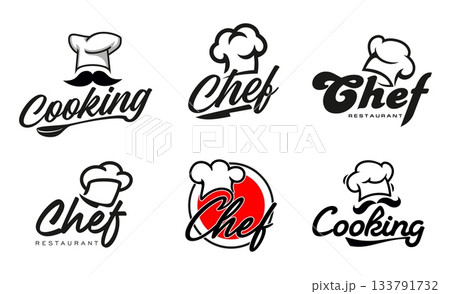 Chef cook hat icons, culinary and bakery, restaurant and catering symbols. Vector chef toques, cook hats or baker caps with knives, spoon and vintage mustache isolated emblems set, bistro or cookery 133791732