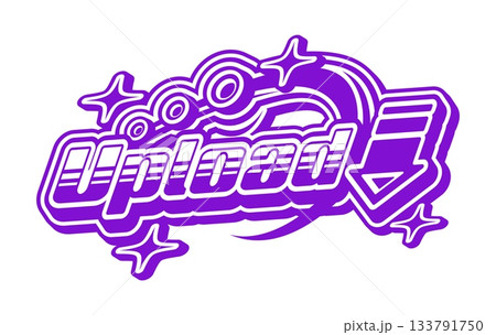 Computer data upload and technology retro Y2K icon or sign. Digital technology Y2K vector icon, software retro symbol. Computer data vintage sign with upload or download arrow, retro typography 133791750