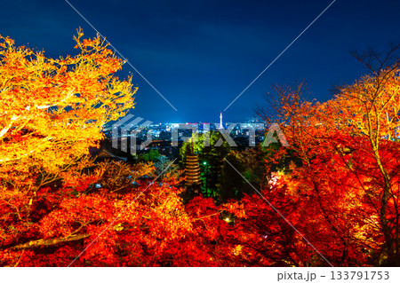清水寺の紅葉ライトアップと京都の街並 133791753