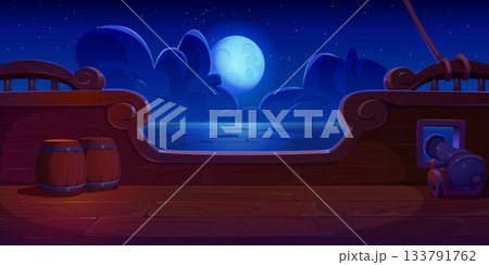 Night landscape of wooden pirate ship deck with full moon over calm sea, wooden railing, barrels and cannon. Cartoon vector nighttime fantasy maritime scene or game level with corsair boat board 133791762