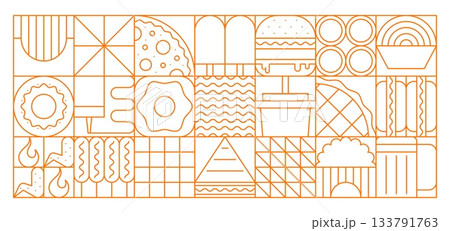 Fast food abstract geometric pattern. Vector orange grid background with linear food icons includes pizza, burger, fries, drinks, donuts, hot dogs for fastfood restaurant branding, packaging and menus Fast food abstract geometric pattern. Vector orange grid background with linear food icons includes pizza, burger, fries, drinks, donuts, hot dogs for fastfood restaurant branding, packaging and menus 133791763