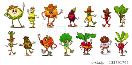 Cartoon groovy cowboy and bandit vegetable characters of retro hippie carrot, tomato, pepper and avocado food vector personages. Funky groovy Wild West broccoli, eggplant and radish cowboy characters Cartoon groovy cowboy and bandit vegetable characters of retro hippie carrot, tomato, pepper and avocado food vector personages. Funky groovy Wild West broccoli, eggplant and radish cowboy characters 133791765
