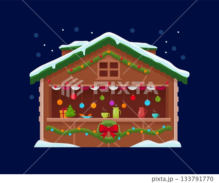 Christmas market wooden shop or stall with warm drinks, garlands and colorful hanging balls. Winter festive booth with gifts, food and cozy holiday lights. Cartoon fair stand for seasonal celebration Christmas market wooden shop or stall with warm drinks, garlands and colorful hanging balls. Winter festive booth with gifts, food and cozy holiday lights. Cartoon fair stand for seasonal celebration 133791770