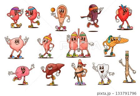 Cartoon groovy human body organ and part characters. Retro hippie anatomy and medicine vector personages of happy heart, brain, lungs and kidney. Funny groovy liver, tooth, spine and ear characters 133791796