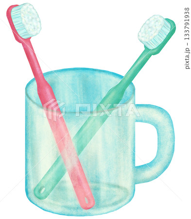 二本の歯ブラシと透明なコップのイラスト 133791938