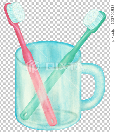 二本の歯ブラシと透明なコップのイラスト 133791938