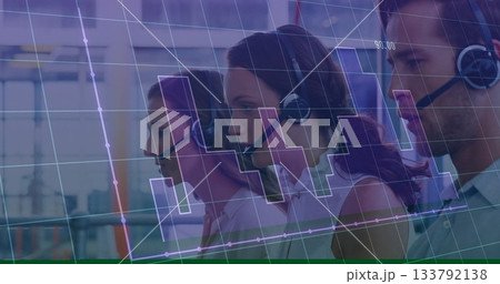 Call center agents handling customer calls in modern office, with headsets and digital bar charts Call center agents handling customer calls in modern office, with headsets and digital bar charts 133792138