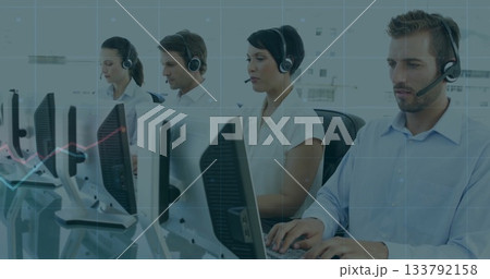 Working group of four call center agents typing and speaking at office workstations, with headsets 133792158
