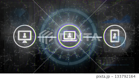 Highlighting laptop icon glowing halo rings on network grid with desktop monitor, smartphone icons 133792164