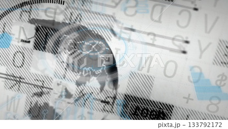 Floating semi-transparent globe displaying world map on code backdrop, with plus sign overlays 133792172