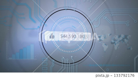 HUD displaying 544,590 likes with thumbs-up on dashboard, with bar chart, world map, circuit traces HUD displaying 544,590 likes with thumbs-up on dashboard, with bar chart, world map, circuit traces 133792176