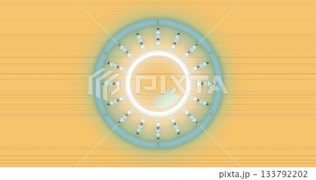 Displaying concentric rings rotating over warm gradient interface, with radial arrowheads 133792202