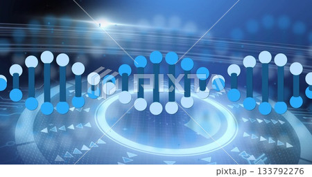 Floating DNA double helix above grid, showing circular nodes, bars, light streaks and bokeh flares Floating DNA double helix above grid, showing circular nodes, bars, light streaks and bokeh flares 133792276
