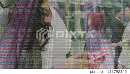 Pondering white blazer businesswoman resting chin in financial district, with stock ticker overlay Pondering white blazer businesswoman resting chin in financial district, with stock ticker overlay 133792346