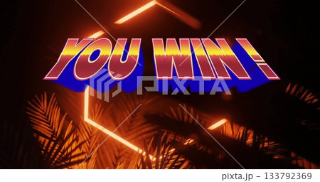 Glowing neon text YOU WIN! shining on dark digital stage, with hexagon frame and palm leaves Glowing neon text YOU WIN! shining on dark digital stage, with hexagon frame and palm leaves 133792369
