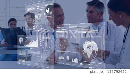 Discussing medical data with image overlay, doctors in hospital setting Discussing medical data with image overlay, doctors in hospital setting 133792432