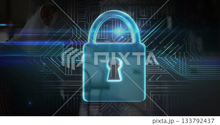 Displaying blue glowing padlock icon in virtual circuit board interface, with dark shirt silhouette Displaying blue glowing padlock icon in virtual circuit board interface, with dark shirt silhouette 133792437