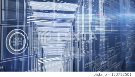 Glowing server racks emitting LED lights in data center aisle, with data visualization overlays 133792501