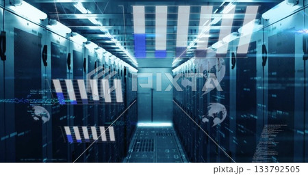 Data processing image over futuristic server room with digital graphics 133792505