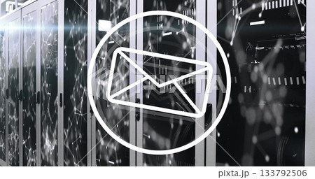 Image of email icon hovering above network servers with digital connections Image of email icon hovering above network servers with digital connections 133792506