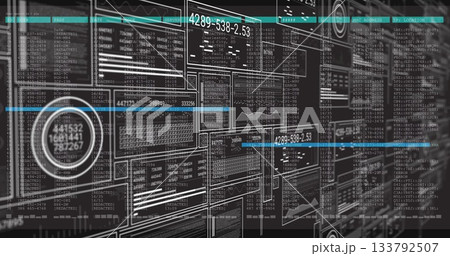 Image of digital data processing with numbers and graphs on interface 133792507
