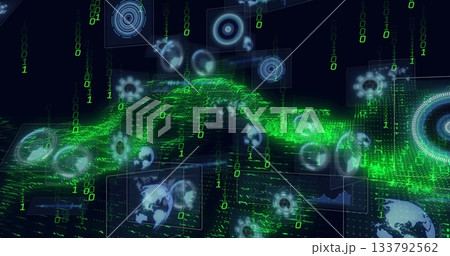 Displaying green binary wave flowing across virtual space, with globes gears and line graphs Displaying green binary wave flowing across virtual space, with globes gears and line graphs 133792562
