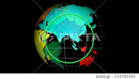 Image of colorful globe with continents highlighted on black background Image of colorful globe with continents highlighted on black background 133792591
