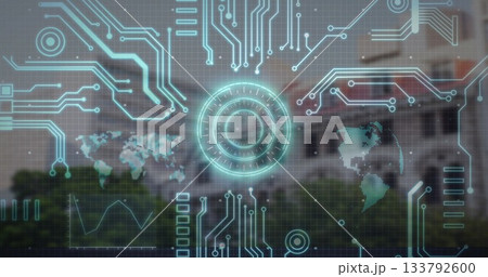 Digital circuit patterns and world map image over blurred outdoor background 133792600