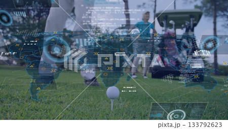 Golf ball on tee with digital world map and data overlay image Golf ball on tee with digital world map and data overlay image 133792623