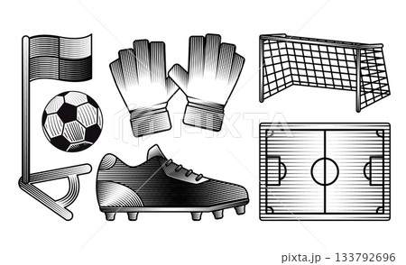 soccer football vintage woodcut illustration set of sport gear including ball goal post goalie gloves corner flag shoes field pitch layout 133792696