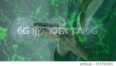 Woman's hands holding smartphone in virtual network interface, with green nodes and 6G globes Woman's hands holding smartphone in virtual network interface, with green nodes and 6G globes 133792885