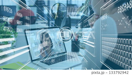 Image overlaying digital interface on laptop during image call in office 133792942