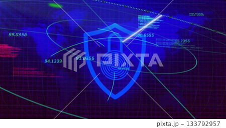 Digital security shield with lock icon over world map and data image 133792957