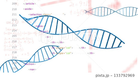 Displaying stylized blue DNA helices winding across white canvas, showing code and math equations Displaying stylized blue DNA helices winding across white canvas, showing code and math equations 133792969