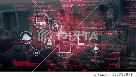Image of digital network icons with red coding over cityscape data processing 133792971