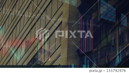 Displaying data overlay with vertical beams on tower, showing bar charts line graphs and tickers Displaying data overlay with vertical beams on tower, showing bar charts line graphs and tickers 133792976
