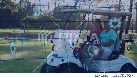 Driving couple gripping white golf cart steering wheel in golf glove on fairway, holographic icons Driving couple gripping white golf cart steering wheel in golf glove on fairway, holographic icons 133793057