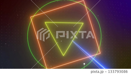 Displaying neon shapes with blue beam over dotted grid, marking tiny red center dot Displaying neon shapes with blue beam over dotted grid, marking tiny red center dot 133793086